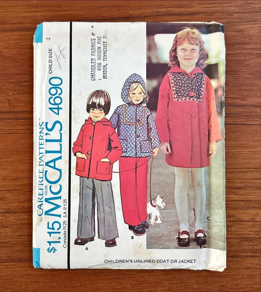 UNCUT Vintage McCall's 4690 UNCUT Child Size 3 Unlined Coat or Jacket